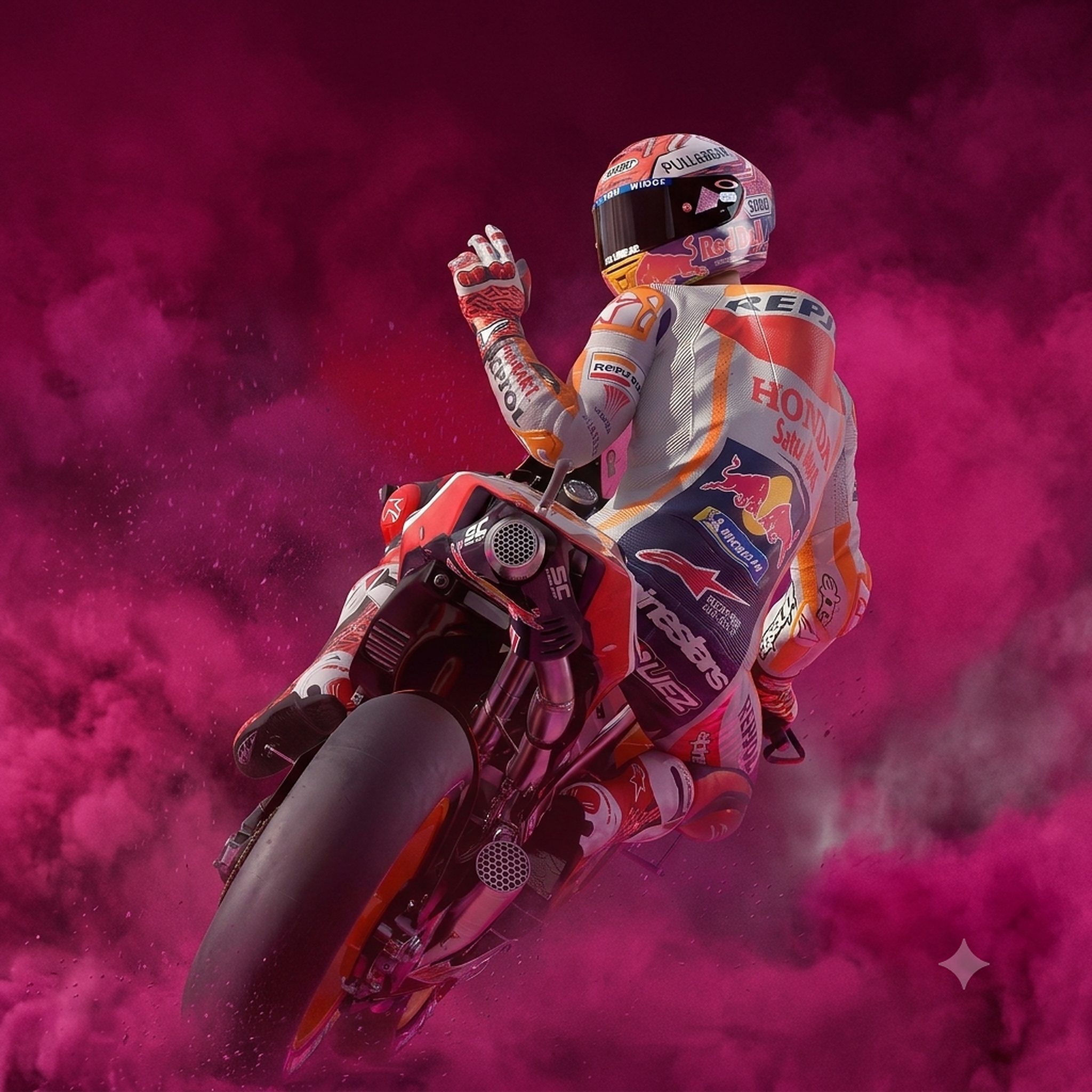 Piloto de Moto GP sobre su moto con fondo magenta